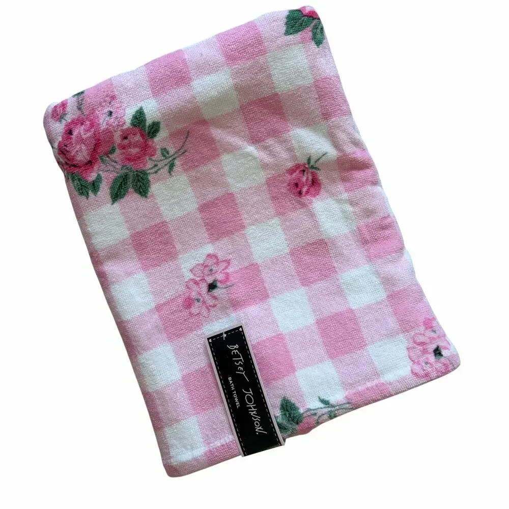 Betsey Johnson Pink Gingham Floral Towels 3pc Set 2 Bath 1 Hand 100% Cotton NEW